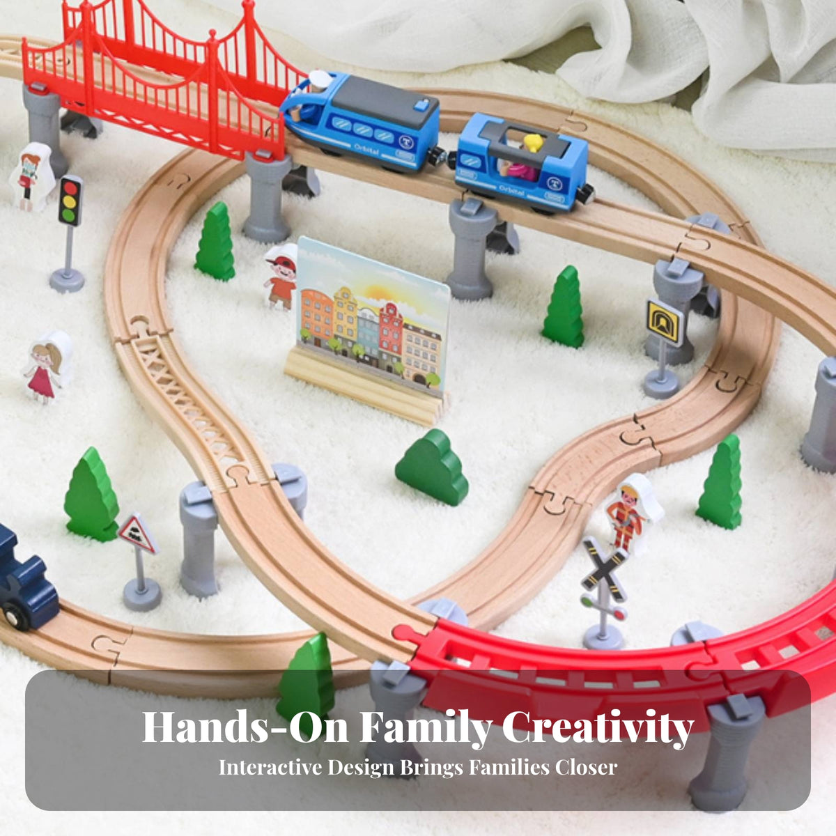 74 Pieces Beech Wood Wooden Train Set Bridge Sections Wooden Railway Toy for Imaginative Play