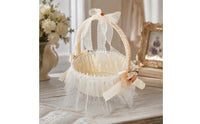 Cream Flower Girl Basket with Ribbon-Wrapped Handle Lightweight Satin Flower Basket with Tulle Skirt Romantic Pre-Decorated for Brides