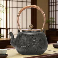 Cast Iron Teapot Floral Relief Stovetop Tea Kettle Copper-Colored Handle