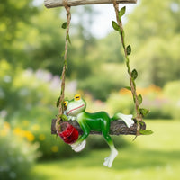 Resin Frog on Swing Cute Swing Frog Statue Whimsical Glossy for Gardeners, Garden, Patio, Balcony, Planter