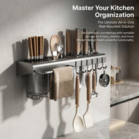 Cutlery Organizer Made of Carbon Steel for Countertop or Wall Mounted Use, Kitchen with Hooks and Towel Bar for Chefs