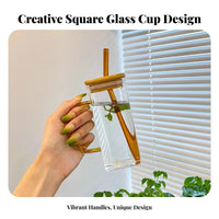 Large Capacity Square Glass Cup with Handle Modern Design Colored Handle Glass Cup Reusable for Office Workers, Women, Daily Use, Home, Cafe