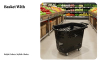 Large Capacity Plastic Grocery Basket with Wheels Long-Lasting Rolling Shopping Basket Ergonomic Handle Pull Along Shopping Trolley Multi-Functional for Seniors, Homemakers, Shoppers, Supermarket, Home