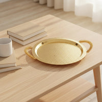 Metal Serving Tray with Handles Gold-Toned Hammered Metal Tray Decorative Platter with Handles for Hosts, Coffee Table, Dining Room