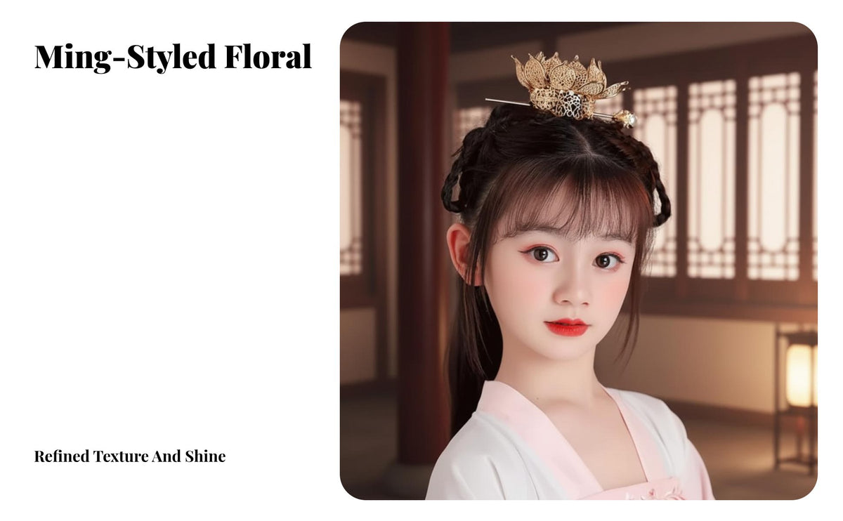 Lotus Flower Hair Crown Color-Preserving Chinese Design Headdress Three-Dimensional Alloy Flower Hair Pin Set for Performances, Festivals