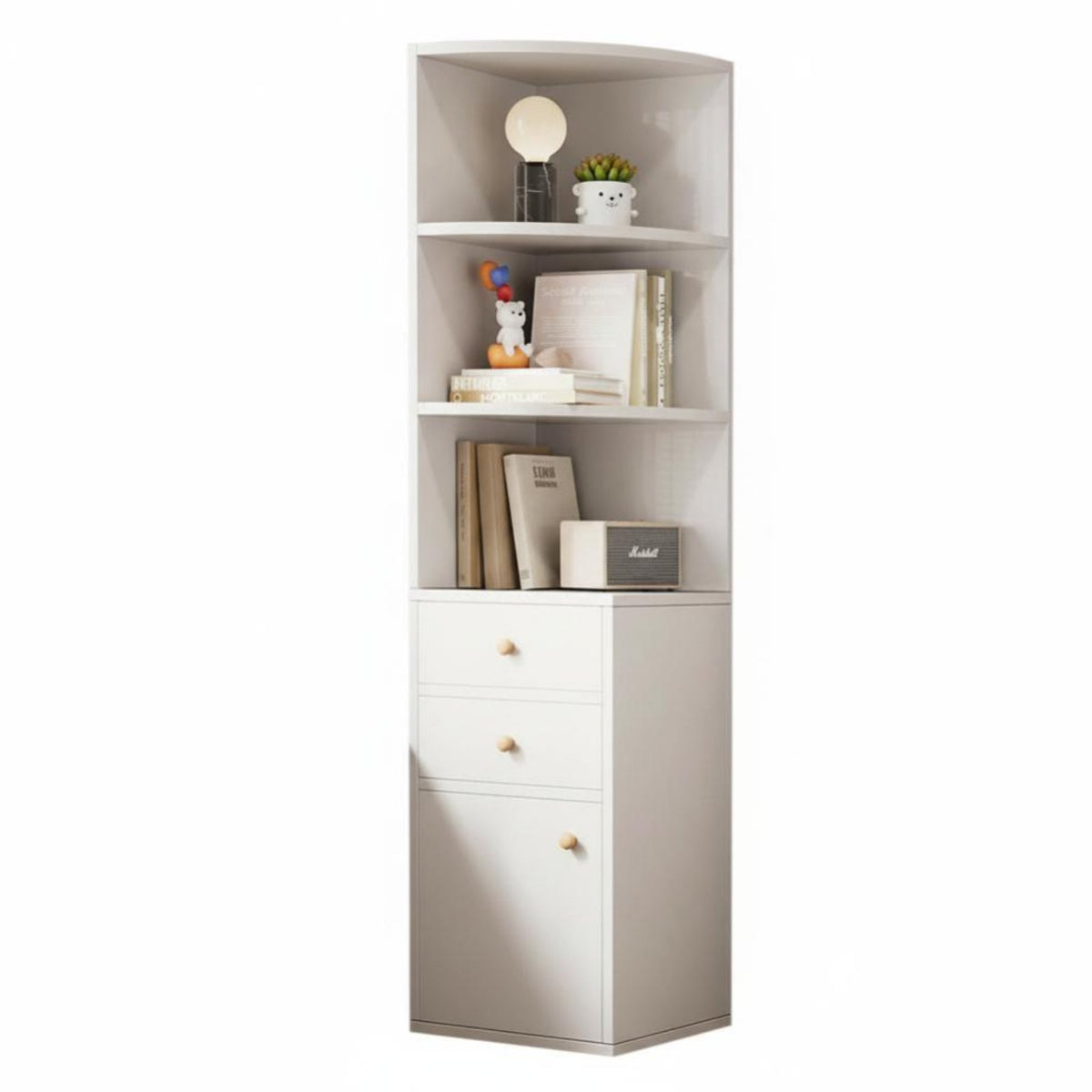 Space-Saving Design Corner Shelf Unit with Drawers Freestanding Multi-Tier Corner Bookcase Small Footprint Storage Cabinet Enclosed Compartments for Apartment Dwellers, Homeowners, Office Workers, Study Room, Bedroom