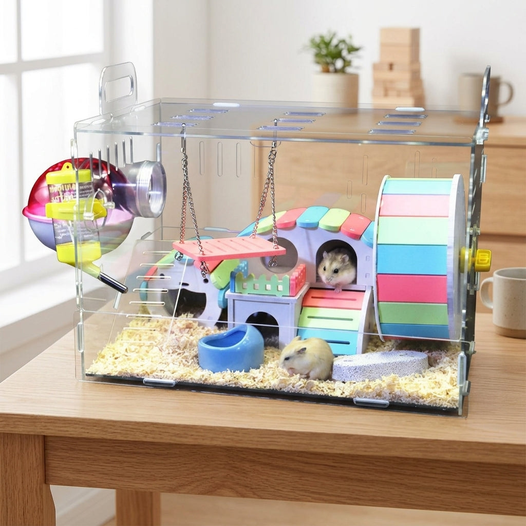 Transparent Hamster Cage Villa, Large Acrylic Multi Level Habitat for Dwarf Pet Mice, Interactive Hamster Cage with Wheel and Ramp Accessory
