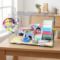 Transparent Hamster Cage Villa, Large Acrylic Multi Level Habitat for Dwarf Pet Mice, Interactive Hamster Cage with Wheel and Ramp Accessory