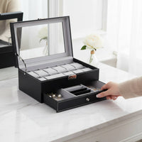 2-Tier Watch and Jewelry Box Debris-Resistant-Resistant 12-Compartment Watch Display Case 2-Tier Jewelry Organizer Soft Interior