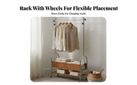 Large Capacity Mobile Clothes Rack with Storage Bin Sturdy Garment Rack with Shelf Heavy Duty Complimentary Standing Closet Organizer on Wheels Multi-Purpose for Renters, Students, Boutique Owners, Bedroom, Living Room, Entryway, Apartment