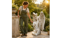 Seated Angel Figurine Antique Vintage-Look Pale Figure Statue Stepped Base Home Decor for Outdoor