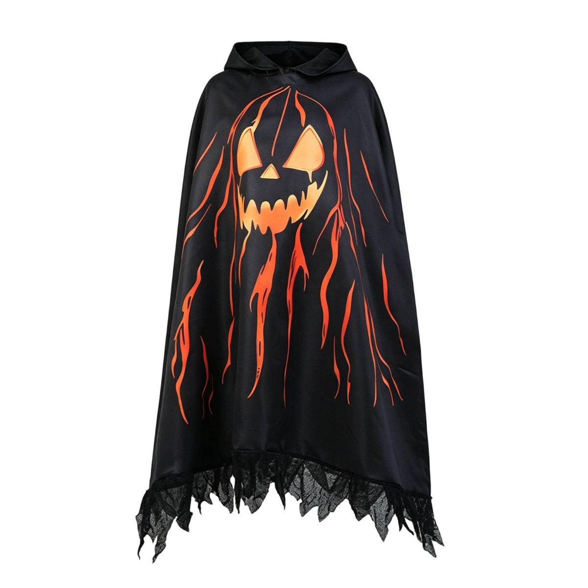 Scary Pumpkin Specter Costume Digital Print Hooded Pumpkin Lantern Cape Tattered Hem Halloween Outfit for Trick-or-Treating