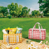 Lunch Box with Thickened Insulation for Outdoor Picnic, Large Capacity Foldable Picnic Basket with Aluminum Foil, Checkered Cool Bag, Cool Box