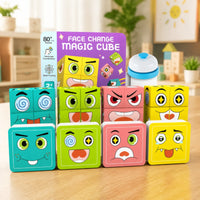 Fine Motor Face-Changing Puzzle Cube Game Rounded-Edged Expression Puzzle Blocks Screenscreenless Face Changing Game with Cards Child-Friendly for Children, Toddlers, Travel