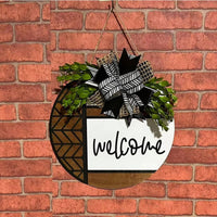 Layered Bow Round Wooden Welcome Sign Raised Script Round Welcome Sign Black and White Holiday Door Decor Farmhouse Style
