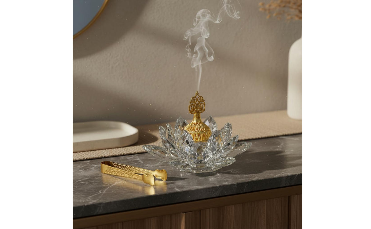Handmade Crystal Lotus Incense Holder Middle Eastern Design Arabic Incense Burner Set Home Decor Decorative for Tea Table, Living Room