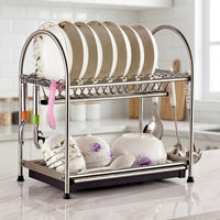 Dish Rack and Dish Drainer with Draining Board, 2 Tier Stainless Steel Draining Rack with Utensil Holder, Space Saving Kitchen Counter Organizer