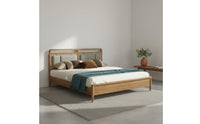 Rattan Headboard Bed Minimalist Design Solid Wood Foundation Bed for Homestay, Hotel, Guest Room