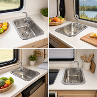 RV Camper Sink with Lid Cutting Board 304 Stainless Steel Brushed Foldable Hot/Cold Faucet
