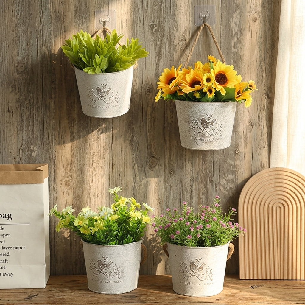 Artificial Flowers in Metal Planter for Garden Decor, Rustic Hanging Basket with Coconut Fiber Liner, Wall Planter for Dried Flowers