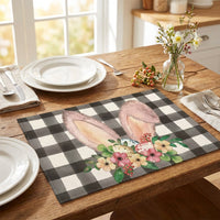 Set of 4 Easter Placemats, Heat Resistant Linen Table Mats with Rustic Buffalo Check & Bunny Design, Washable Dining Room Mats for Spring Party Kitchen Home Decoration