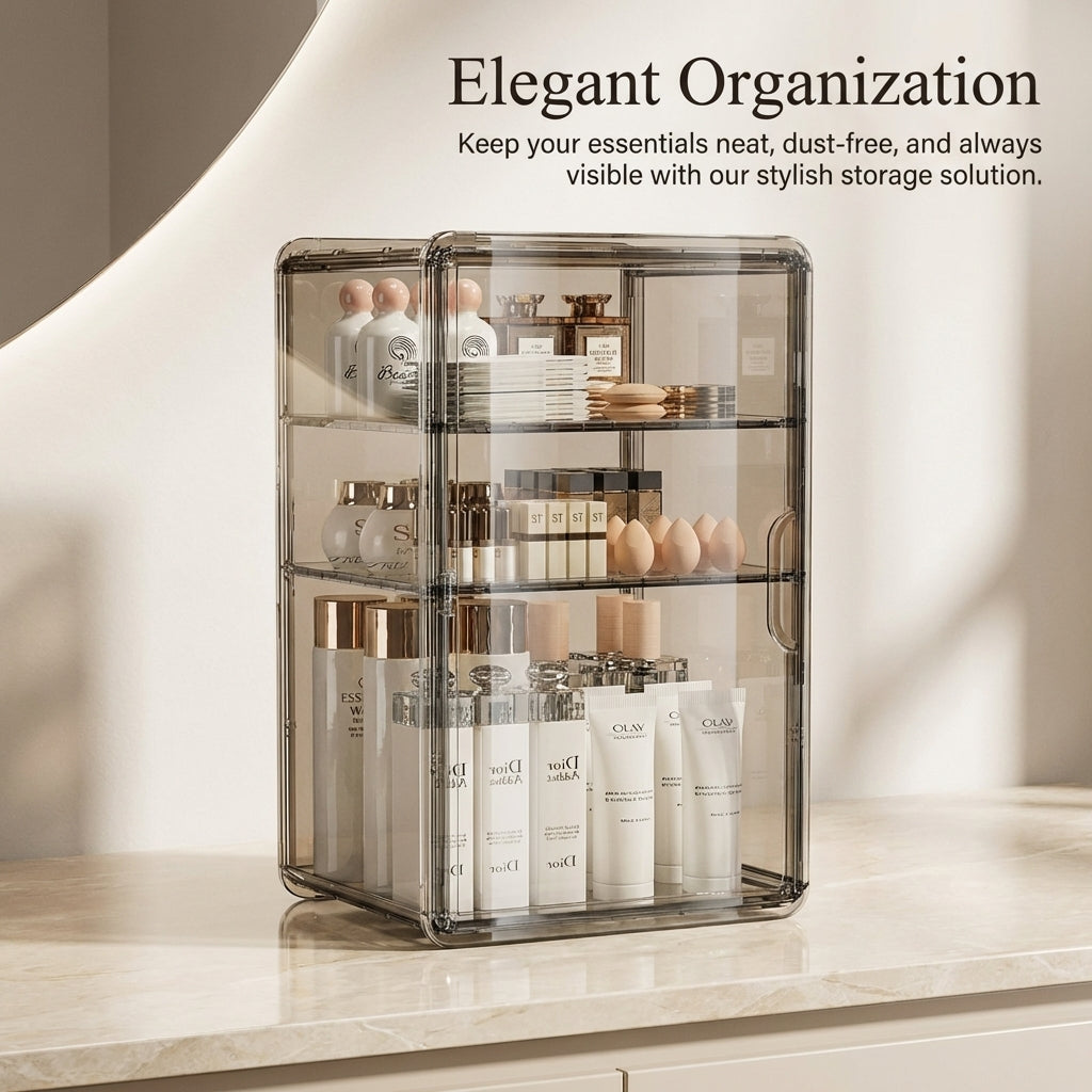 Cosmetics Storage Box with Dividers, Clear Acrylic Skincare Organizer, Dustproof Makeup for Bathroom and Dressing Table