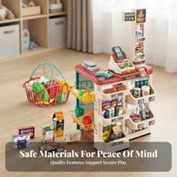 57 Pieces Realistic Design Kids Grocery Shop with Shopping Cart Rich Accessories Kids Grocery Shop Playset Educational Toy Checkout Counter with Scanner Sturdy Construction for Preschoolers, Toddlers, Parents, Playroom, Daycare, Birthday Parties, Home