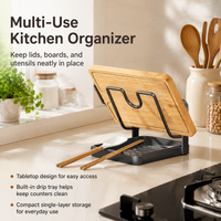 Carbon Steel Pot Lid Holder, Single Layer Countertop Lid Rack with Drip Tray, Space Saving Kitchen Organiser