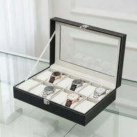 Leather Watch Display Case Velvet-Lined Watch Box with Glass Lid Dustproof Sturdy for Collectors, Dresser, Closet