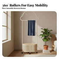 Minimalist Nordic Design Rolling Clothes Stand with Basket Mobile Design Rolling Valet Stand with Hamper Multifunctional Garment Rack Sturdy & Long-Lasting for Apartment Dwellers, Homeowners, Students, Bedroom, Entryway, Small Areas, Dorm Room