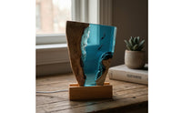 Ocean-Inspired Epoxy Night Light with Wood Base Aquatic Epoxy Resin Night Light Faceted Resin Wood Lamp Irregular for Shelf
