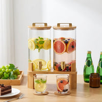 Water Dispenser and Beverage Dispenser with Metal Tap, High Borosilicate Glass Drink Dispenser with Tap and Bamboo Stand for Party Drink Use