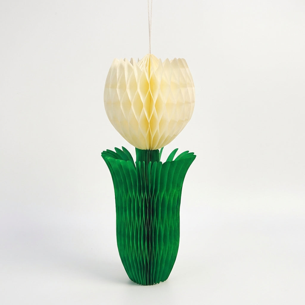 Tulip Honeycomb Decoration 3D Tissue Paper Spring Flower Ornament White & Green Hanging Decor for Easter, Wedding & Garden Party