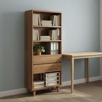 Solid Wood Board Wooden Bookshelf with Drawers Raised Legs Freestanding Display Shelf Modular Bookcase System for Students, Living Room