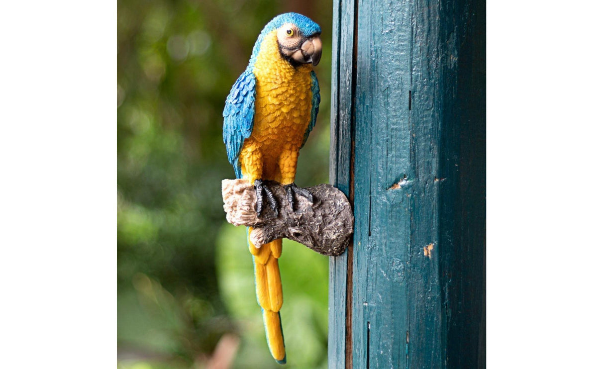 Macaw Figurine Hand Painted Lifelike Macaw Sculpture Resin Avian Tree Hanger Handmade Exotic Avian Sculpture for Patio
