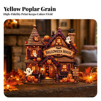 Seasonal Wooden Haunted House Spooky Halloween House Ornament Compact Tabletop Sign for Desk, Shelf, Mantel, Entryway