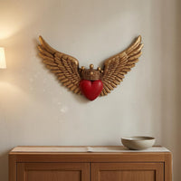 Antique-Style Heart Crown Decoration Gold-Tone Angel Wing Plaque Raised Feather Detail Heart Wing Wall Decor Ornate