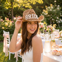 Handwoven Bridal Cowboy Hat Openwork Bride Cowboy Hat Wide Brim Lightweight for Bridesmaids, Bachelorette Parties, Weddings, Photo Shoots