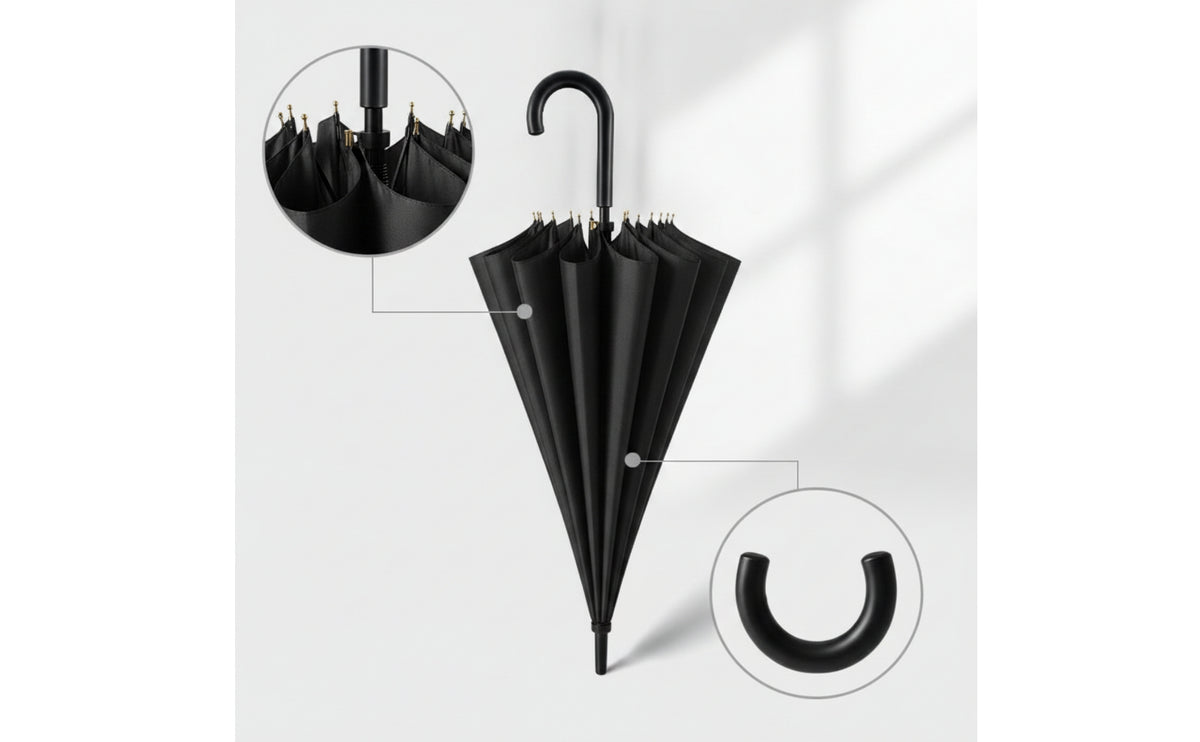 Windproof Umbrella with Hook Handle Classic 16 Rib Umbrella Long-Lasting Protection for Commuters, Commuting
