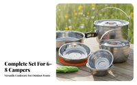 Outdoor Stainless Steel Cookware Set, Camping Pot Kit, Portable Kettle, Tableware, Cassette Stove, Easy to Clean