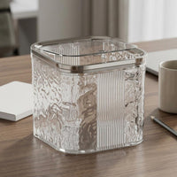 Translucent Plastic Desktop Trash Bin Hinged Lid Desktop Trash Can Wavy Texture Small Waste Bin Metallic Rim for Bathroom