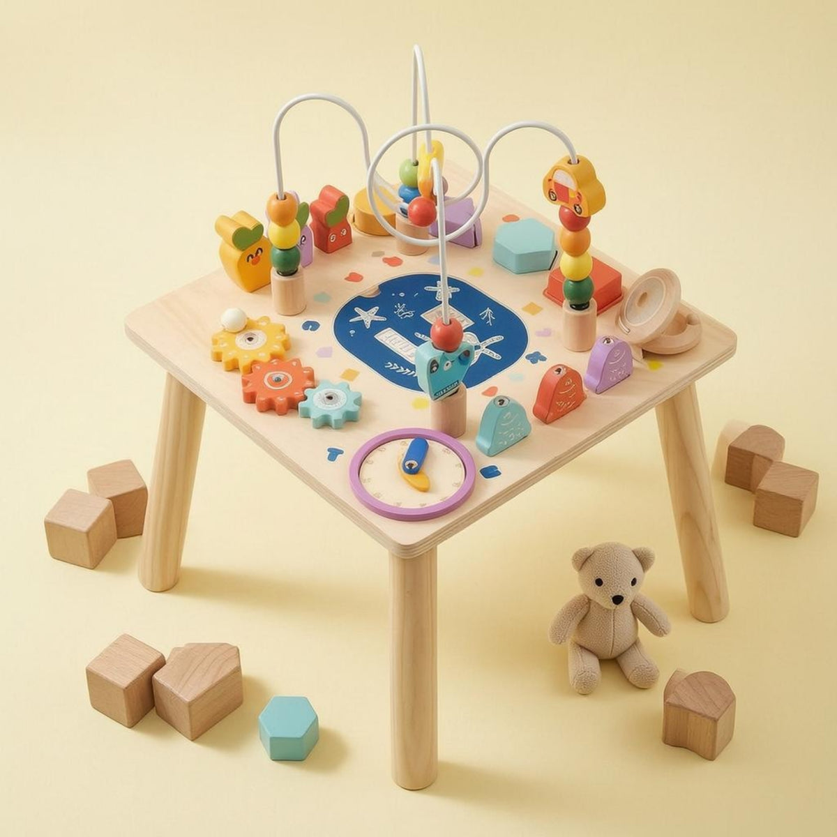 Interactive Wooden Busy Board Table Low Wooden Activity Table Light Wood Finish Kids Furniture Rectangular for Toddlers, Children
