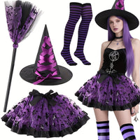 Halloween Adult Witch 4-Piece Costume Set with Hat, Tutu Skirt, Broom Prop