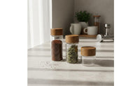 Clear Body Mini Glass Jar Small Storage Bottle Wooden Lid Airtight Seasoning Jar for Travelers, Commuters, Camping