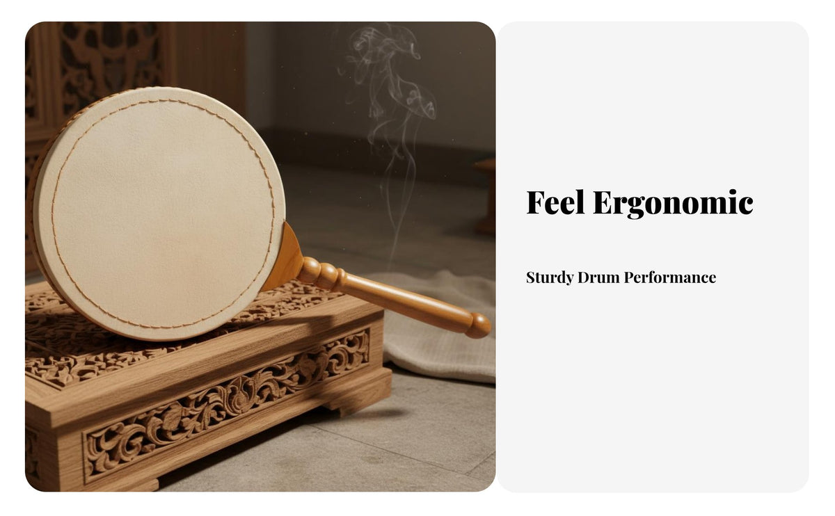 Handheld Design Fan Drum Includes Drumstick Single-Head Drum with Sticks Handmade Religious Article Crisp Sound for Buddhists, Music Lovers, Meditation Sessions, Cultural Performances, Concerts, Classrooms