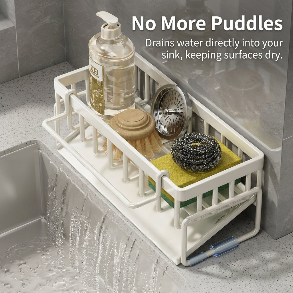 Bathroom Sink Organizer for Countertop Draining, Iron Sponge Holder with Sloped Tray for Kitchen Organization, Non-Slip Design for Families, Rack