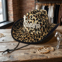 Cowboy Hat with Chin Cord Western-Style Leopard Print Hat Rhinestone for Women, Festivals, Photo Shoots, Streetwear