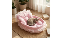 Quilted Oval Pet Bed Checkered Bolstered Pet Bed Supportive Raised Bolsters Ruffle Trim for Cats, Small Dogs