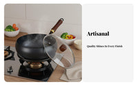 Handmade Cast Iron Wok No Coating Round Bottom Cooking Pot Even Heat Distribution Uncoated Stir Fry Pan for Home Cooks