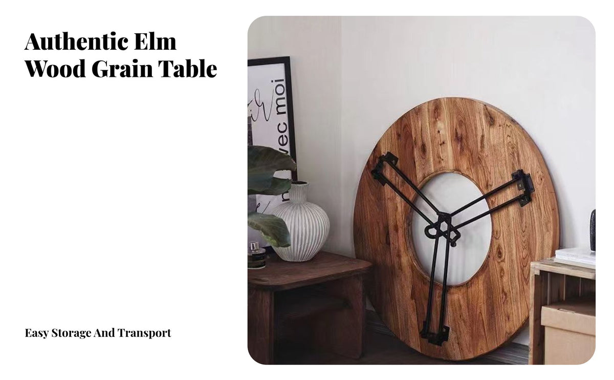 Solid Elm Wood Table Space-Saving Round Tea Burner Table Multi-Functional Portable Floor Desk for Social Gatherers, Homeowners, Camping, Patio